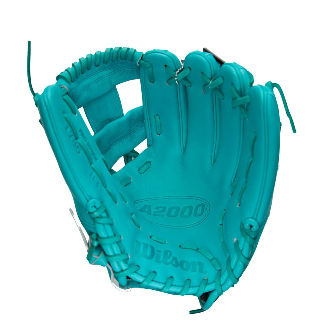 Custom Teal and White A2000 1786 Infield Baseball Glove From Headbanger Sports.