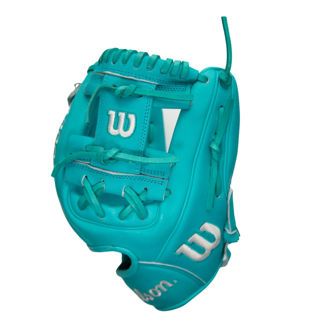 Custom Teal and White A2000 1786 Infield Baseball Glove From Headbanger Sports.