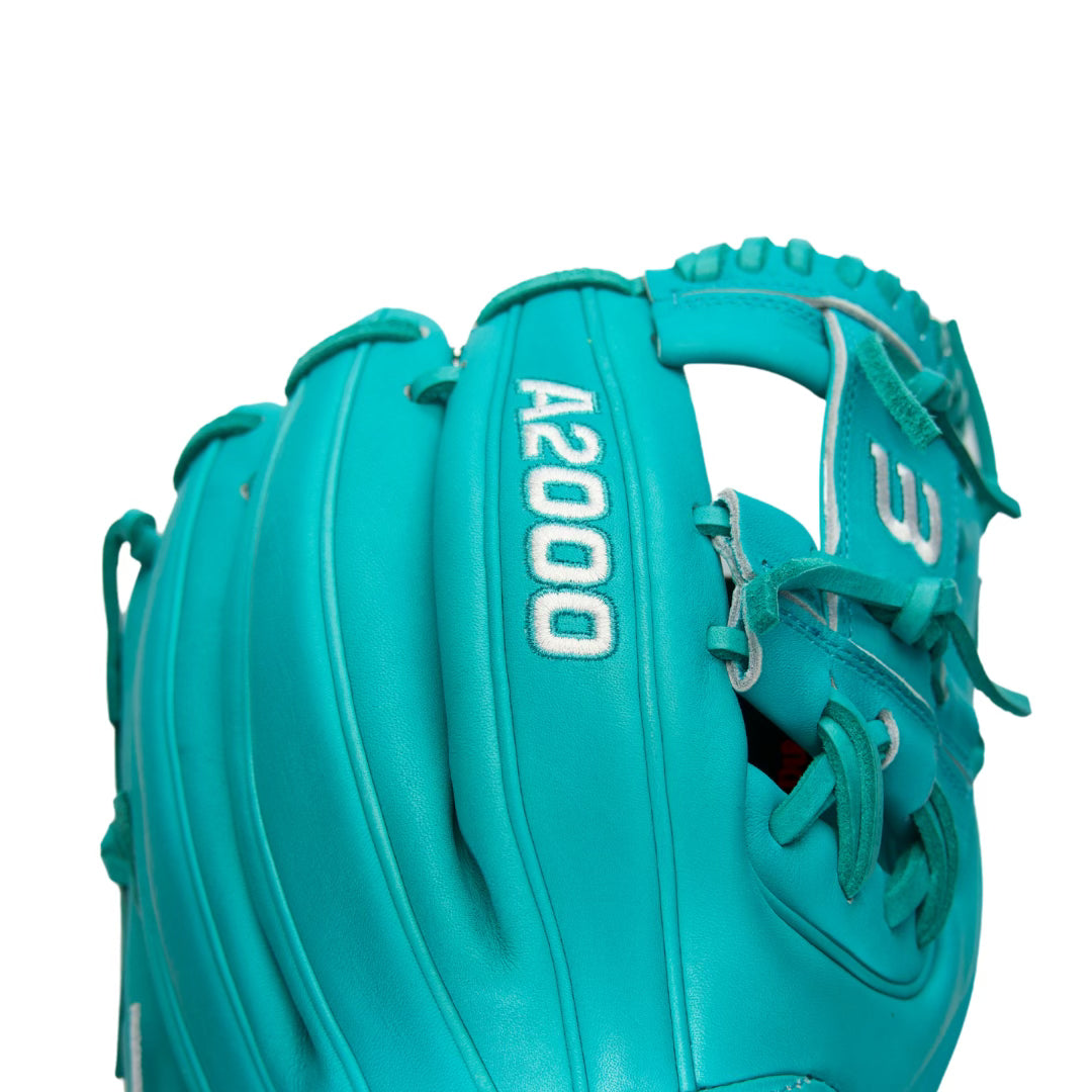 Custom Teal and White A2000 1786 Infield Baseball Glove From Headbanger Sports.