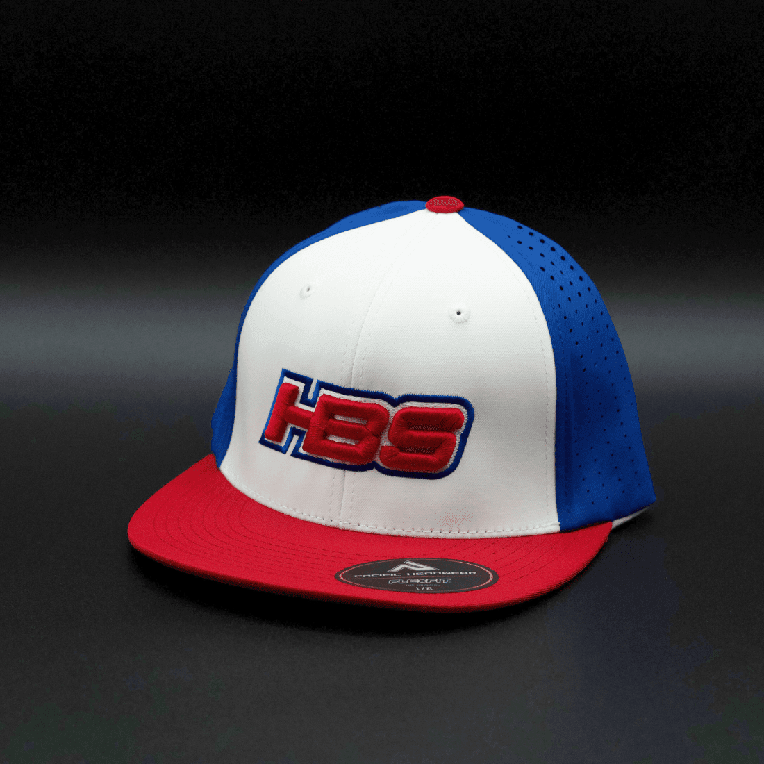 HB Sports (HBS Logo) Exclusive ES474 Fitted Flexfit Baseball and Softball Hat: Red/White/Blue