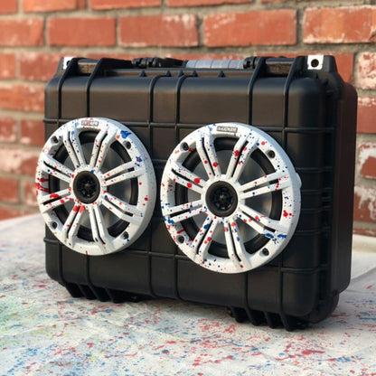 BANGER BOX 400 Watt Portable Bluetooth Speaker Box. Black Box with Red, White, and Blue Splatter Grill