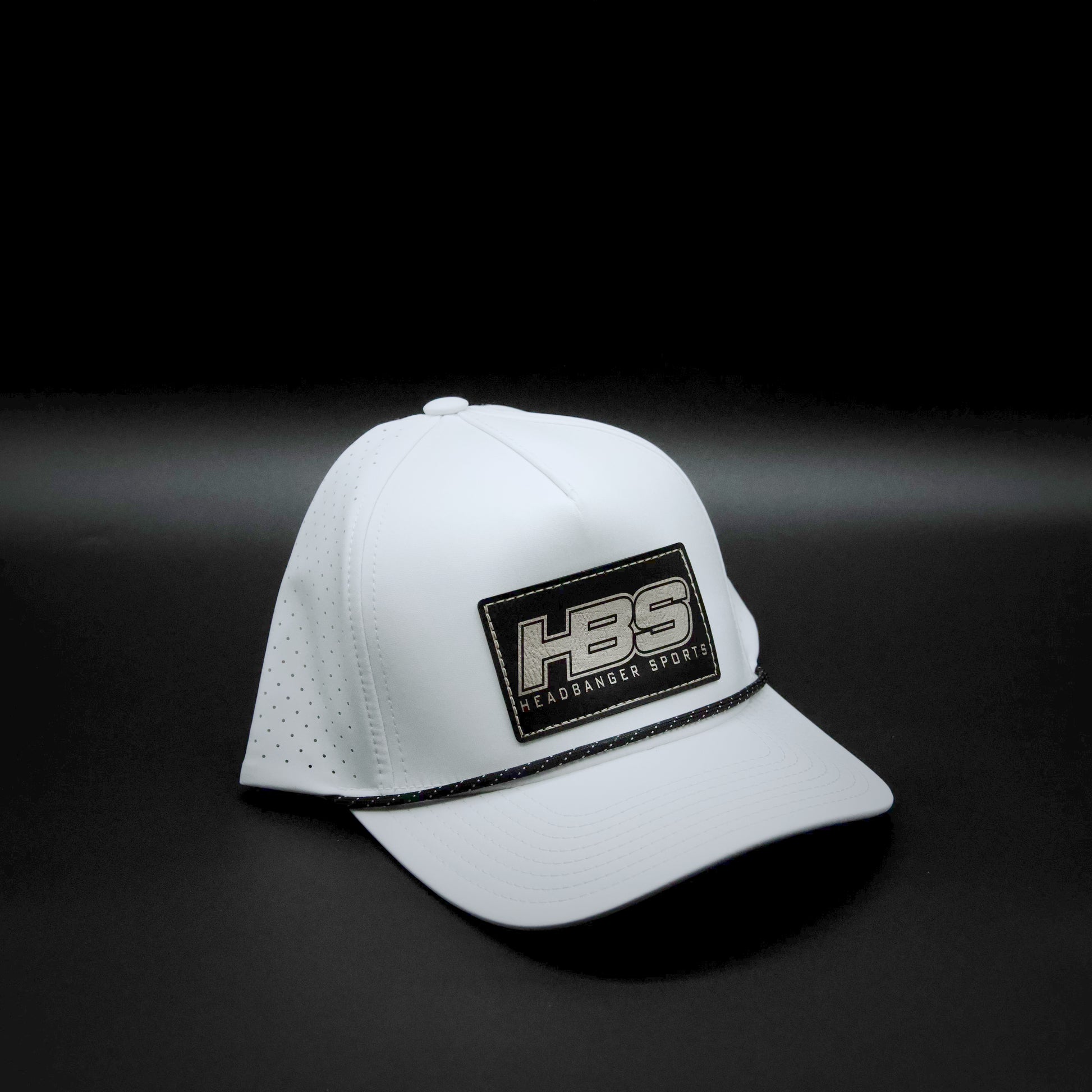 Headbanger Sports Exclusive White P424 Perforated Snapback Lifestyle Faux Leather Patch Hat: Silver/Black HBS Patch