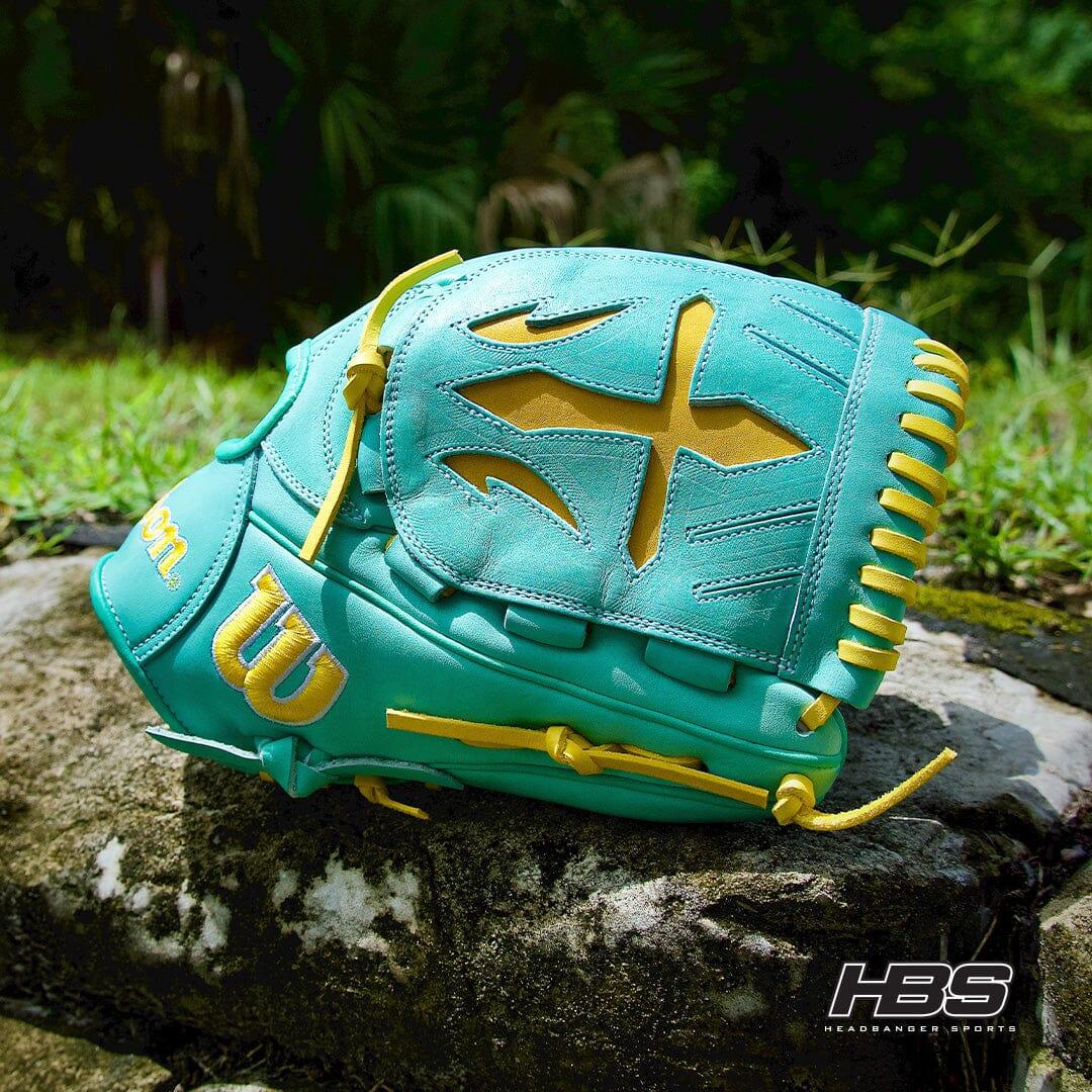 Picture of a Swordsman Web on the 2024 Wilson A2000 B23 12" Pitcher's Baseball Glove: Seafoam & Yellow from Headbanger Sports