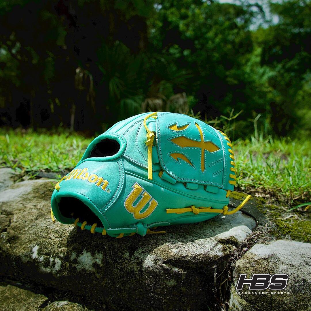 Picture of a Swordsman Web on the 2024 Wilson A2000 B23 12" Pitcher's Baseball Glove: Seafoam & Yellow from Headbanger Sports