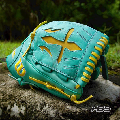 Picture of a Swordsman Web on the 2024 Wilson A2000 B23 12" Pitcher's Baseball Glove: Seafoam & Yellow from Headbanger Sports