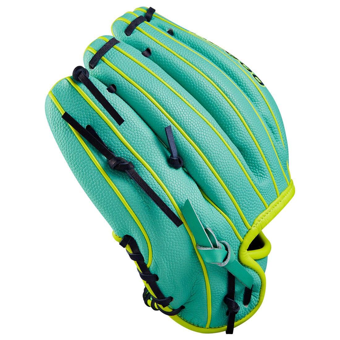 Backside view of the Seafoam Green and Yellow 2024 Wilson Fall SuperSkin DP15 11.5" Baseball Glove From Headbanger Sports