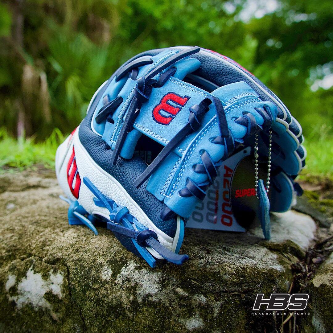 2024 Wilson A2000 SuperSkin PF88 11.25" Infield Baseball Glove: Navy / Sky Blue / White from Headbanger Sports