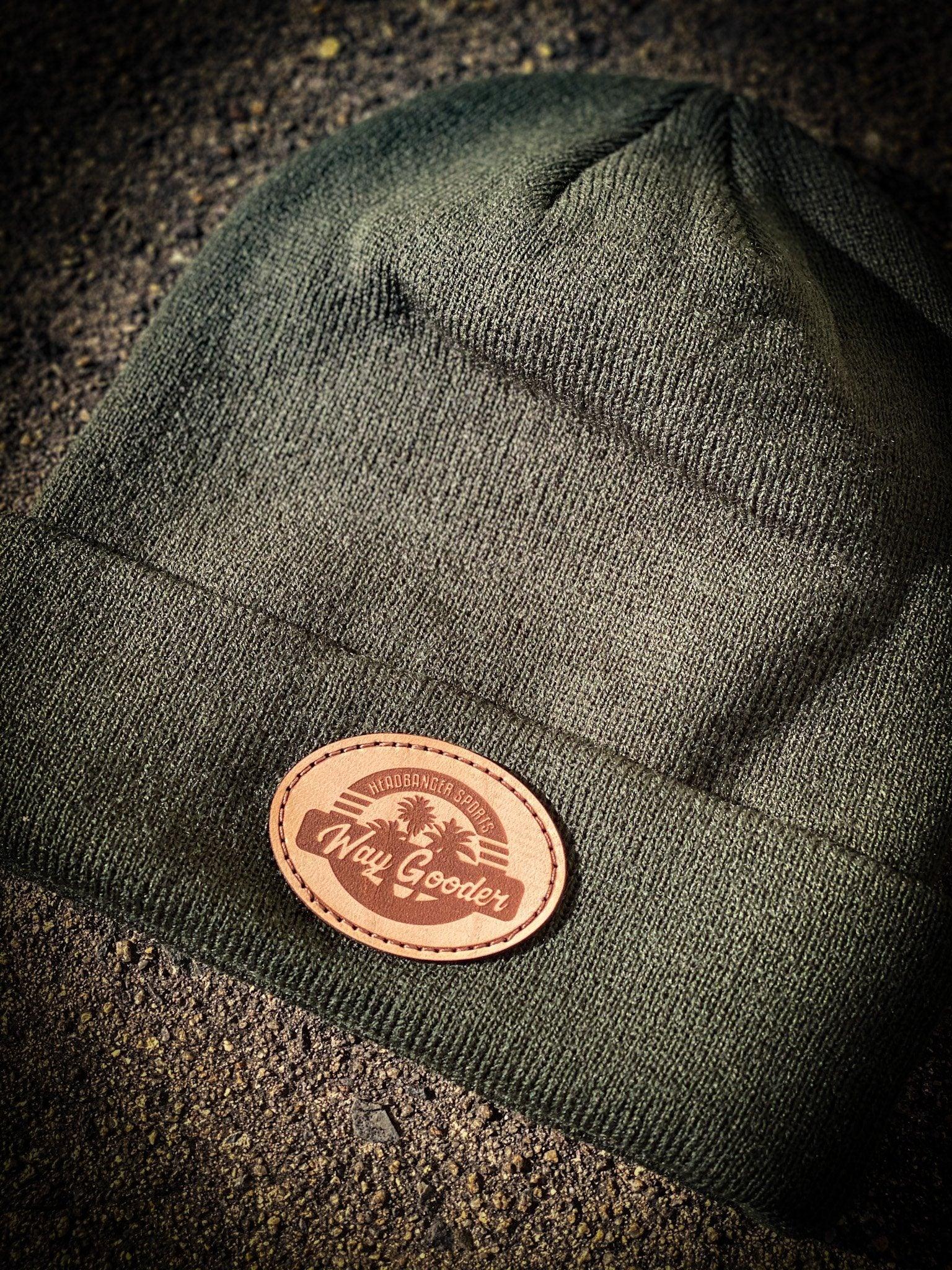 Life is Way Gooder Winter Beanie - Headbanger Sports Way Gooder Leather Patch Beanies: Olive