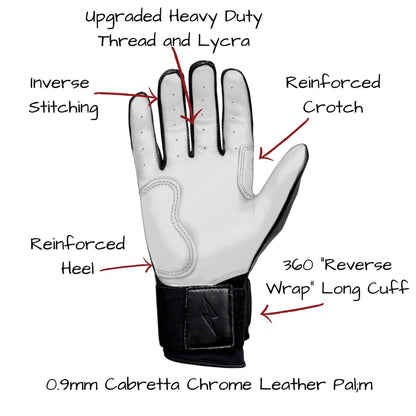 Bruce Bolt PREMIUM PRO Chrome Series Long Cuff Batting Gloves: Black