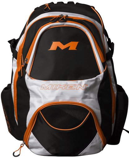 Black, White, and Orange Miken XL Baseball and Softball Backpack: MKBG18-XL-BWO at headbangersports.com