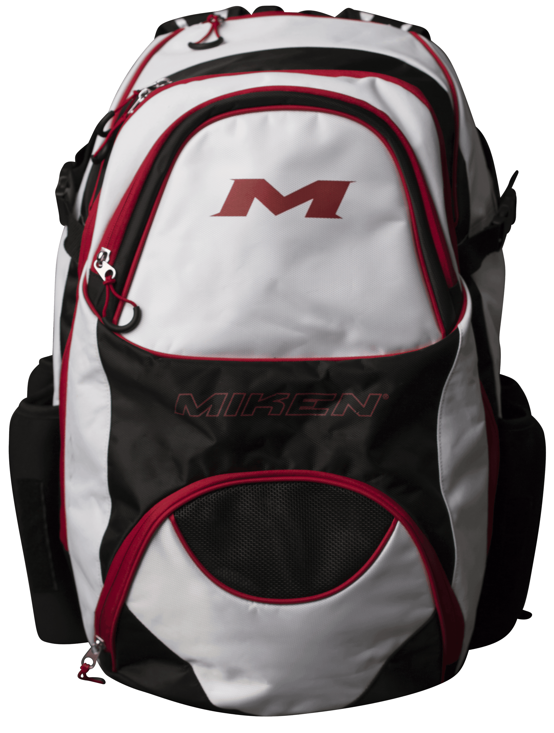 Black White and Red Miken XL Baseball and Softball Backpack: MKBG18-XL-BWR at headbangersports.com