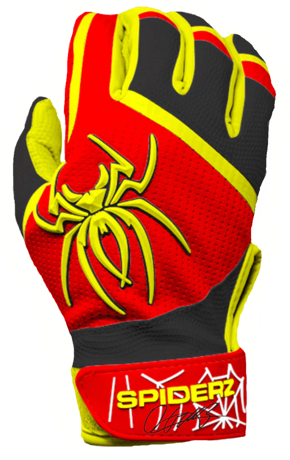 Shop 2023 Spiderz PRO Batting Gloves - Oneil Cruz Signature Series #1 Red/Yellow at Headbanger Sports 